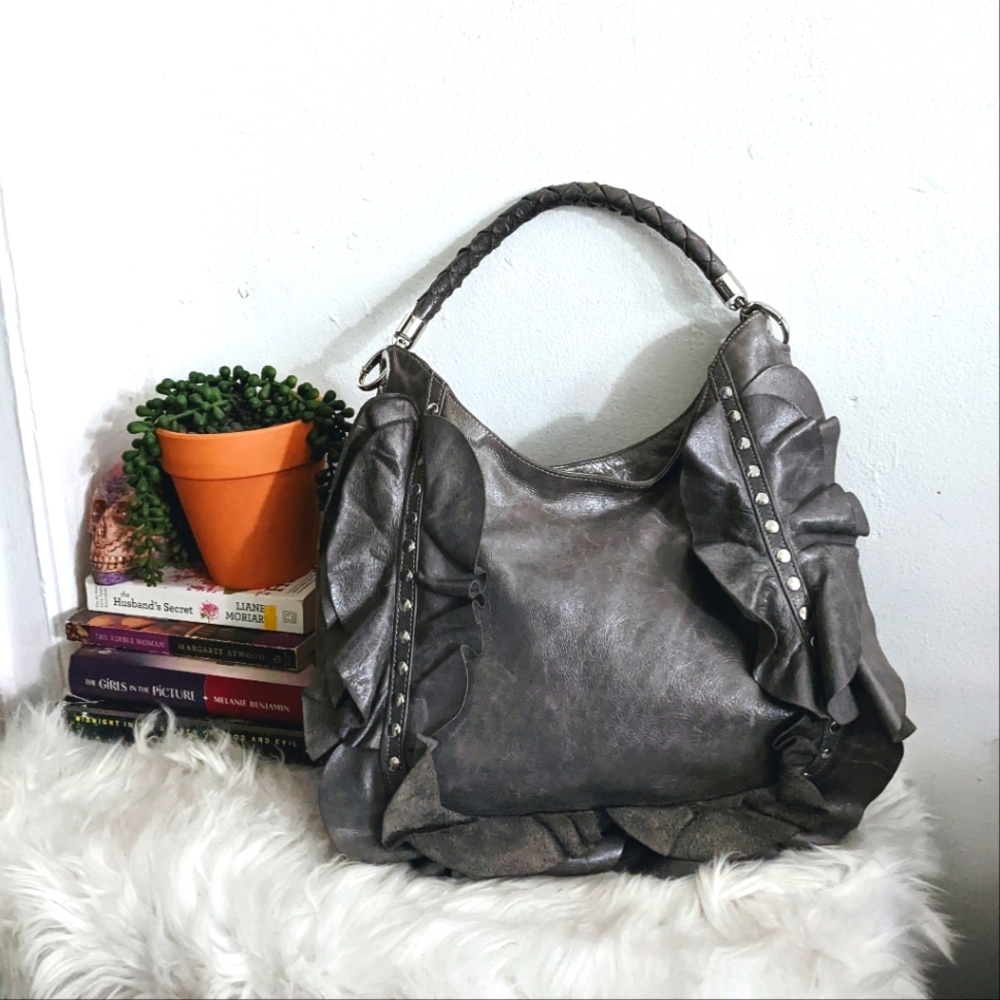 Susan Farber Sicily Metallic Gray Studded Ruffle Hobo Bag